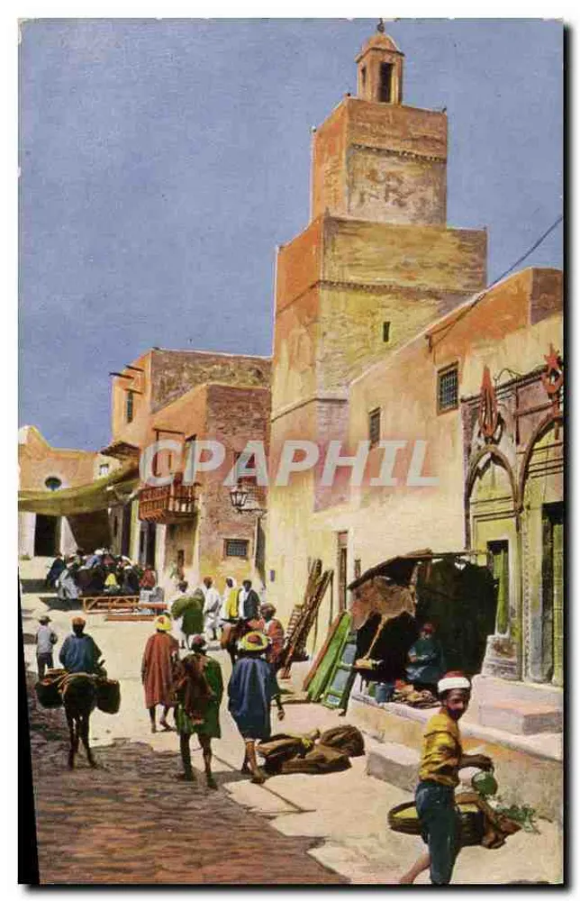 Mercado animado em Marrakech — torre de minarete — editor R. Bommier & Cie, Lyon - Frente