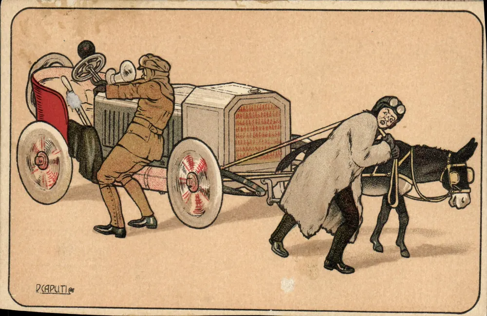 Conducteur d'automobile et femme avec âne — scène humoristique — éditeur R. CAPUTI - Vorderseite