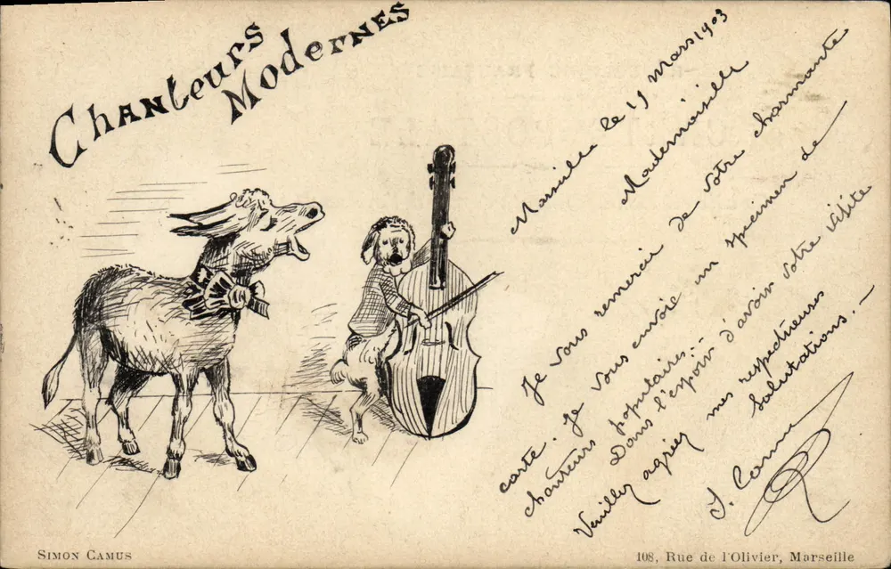 Moderne Sänger — Zeichnung von zwei Hunden (ein Esel und ein Hund mit Cello) — Simon Camus - Vorderseite