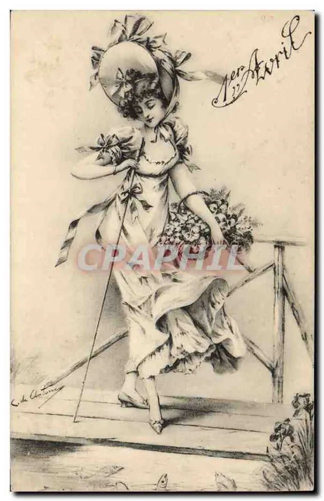 Frau in Frühjahrsgewand und dekoriertem Hut — 1. April — C. de Chatiney - Vorderseite