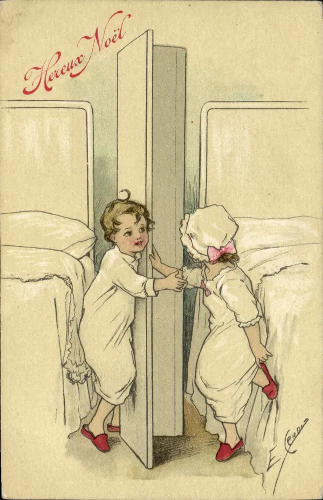 Zwei Kinder öffnen eine Tür — Frohe Weihnachten — E. Cenni - Vorderseite