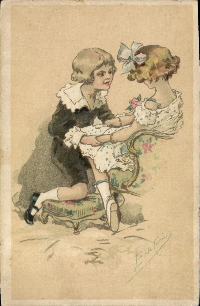Zwei junge Mädchen — Eine gibt einer anderen eine Rose — Zeichnung von Elda Cenni - Vorderseite