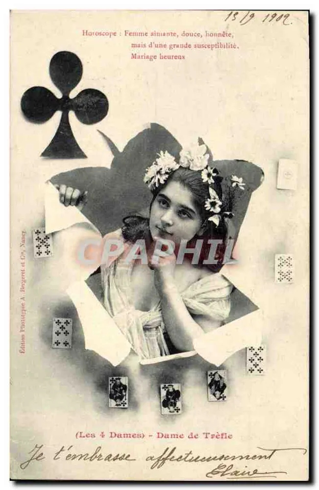 Die vier Damen - Dame von Kreuz — Horoskop: Liebend, sanft, ehrlich, aber sehr empfindlich. Glückliche Ehe — Edition Fotograf A. Jocquet und Cie, Nancy - Vorderseite