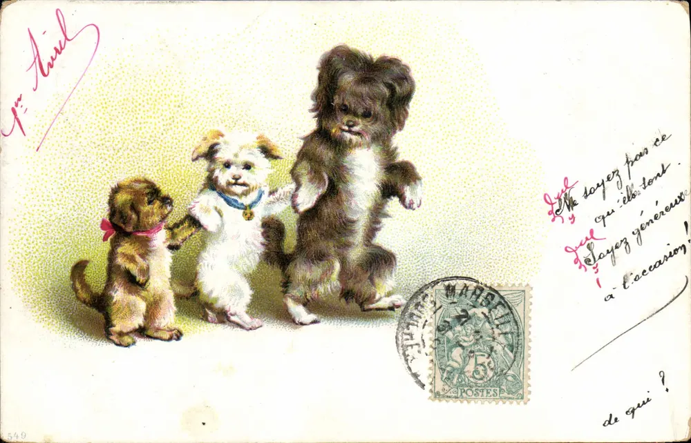 Trois chiots — scène de danse — éditeur : Fabrique de Vermicelles - Frente