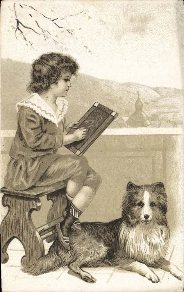 Kind dat tekenen doet met een hond — landschapsvista — uitgever Moka Casiez, Cambrai - Voorkant