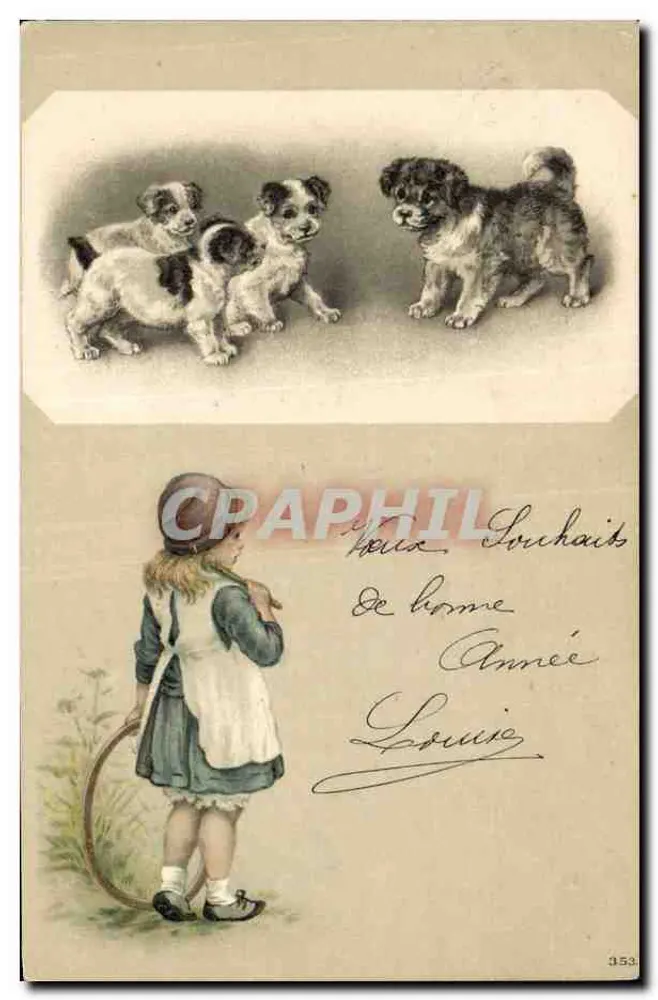 Petits chiots — scène d'enfance avec une fillette — éditeur anonyme, n° 353 - Frente