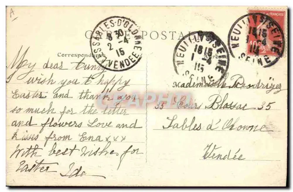 Lycée Pasteur — Neuilly-Paris — Ambulância Americana — Guerra 1914-1915 - Verso