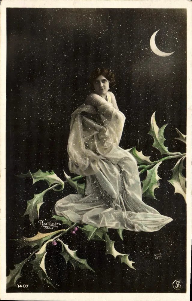 Femme assise sur un houx sous la lune — scène nocturne étoilée — éditeur Rouetinger, Paris, n° 1407 - Vorderseite