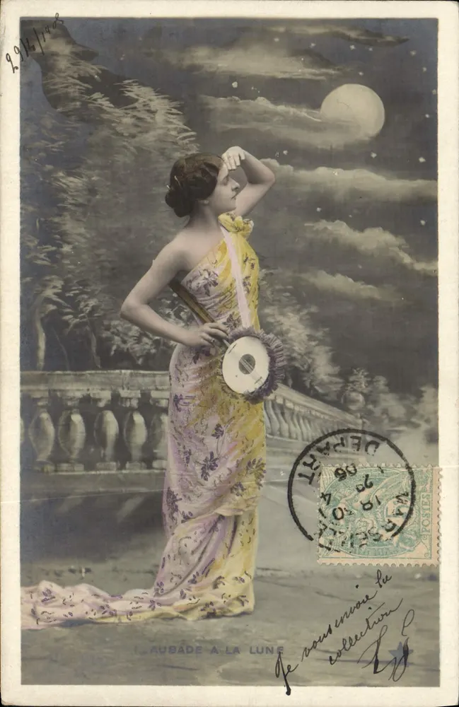 Aubade zur Mond — nächtliche Szene mit Frau in blühendem Kleid — Verlag L. Aubade, Serie N. 776 - Vorderseite