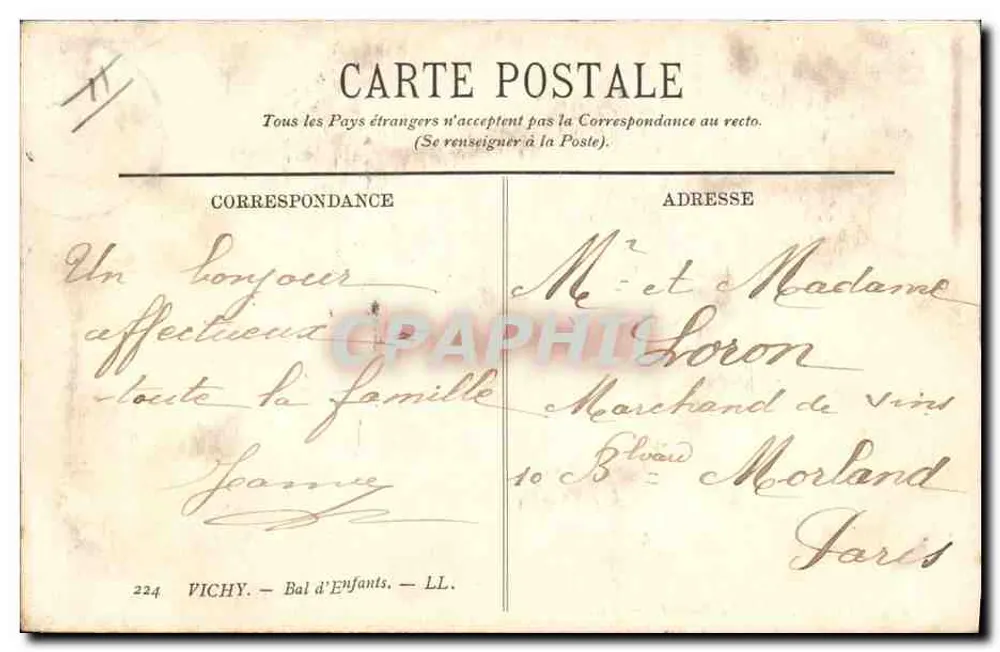 Vichy — Bal d'Enfants — LL. — Éditeur LL. n° 224 - Verso