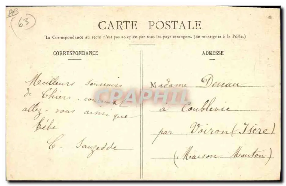 Traje do Mont-Dore — mulher em traje tradicional — Lib. H. Bong-Sabat, D. Roux, D. Bernard-Ferrand - Verso