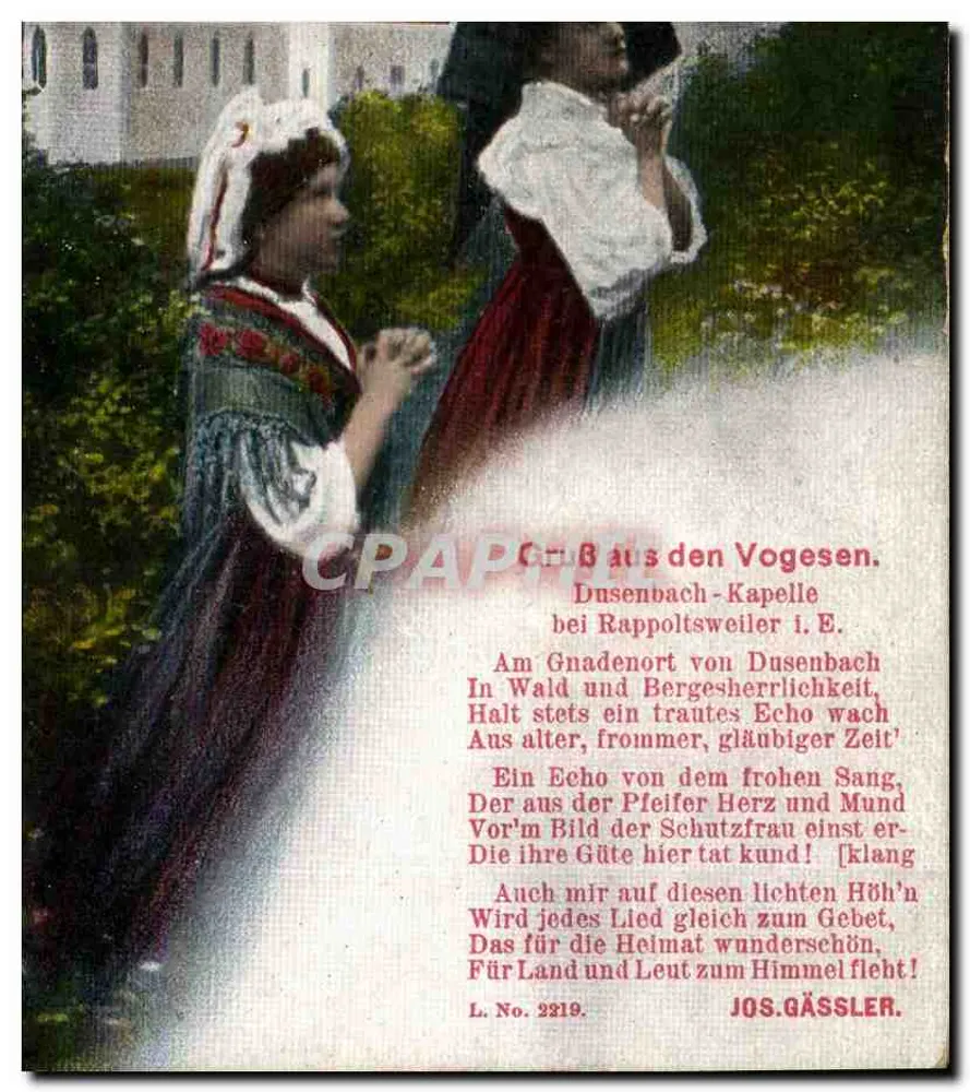 Dusenbach-Kapelle — scène de deux femmes en costume traditionnel — éditeur J. Rotta, Strasbourg I. E. - Frente