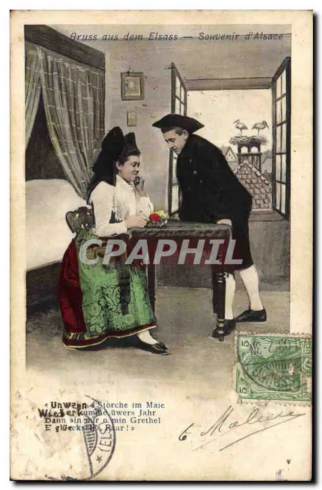 Scena życia z Alzacji — Gruss aus dem Elsass — Souvenir d'Alsace — wydawca nieznany - Awers