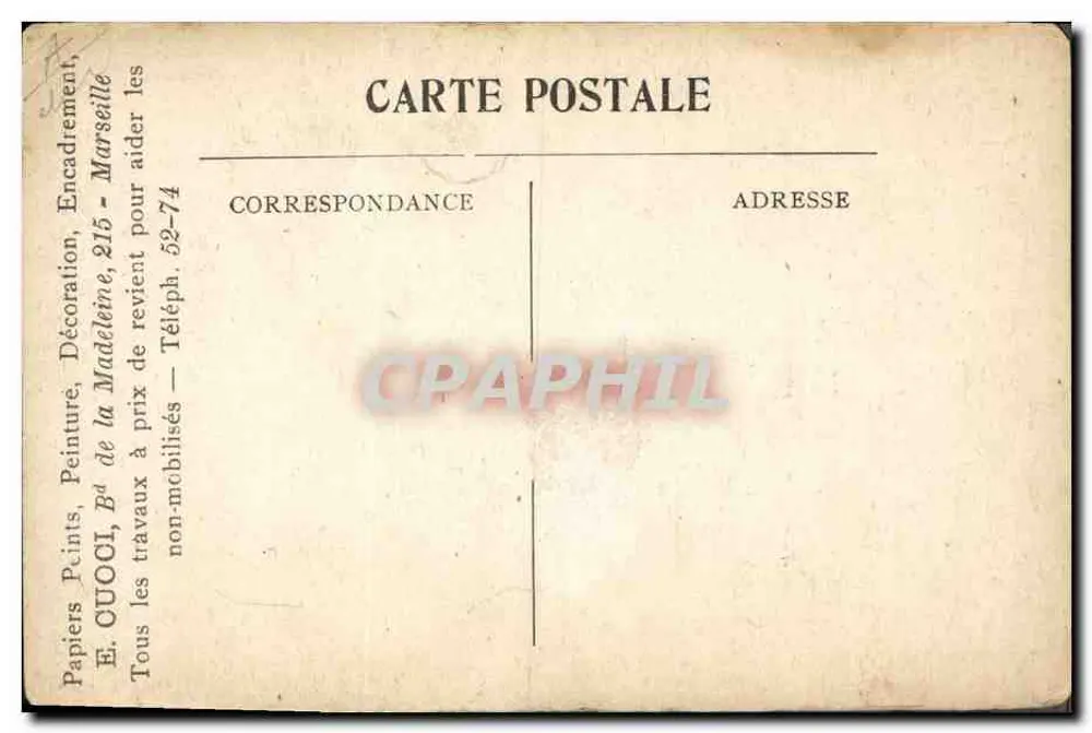 Alsace-Lorraine en 1914 — carte géographique illustrant les départements et villes, éditeur E. CUOCCI, Bd de la Madeleine, 215 Marseille - Verso