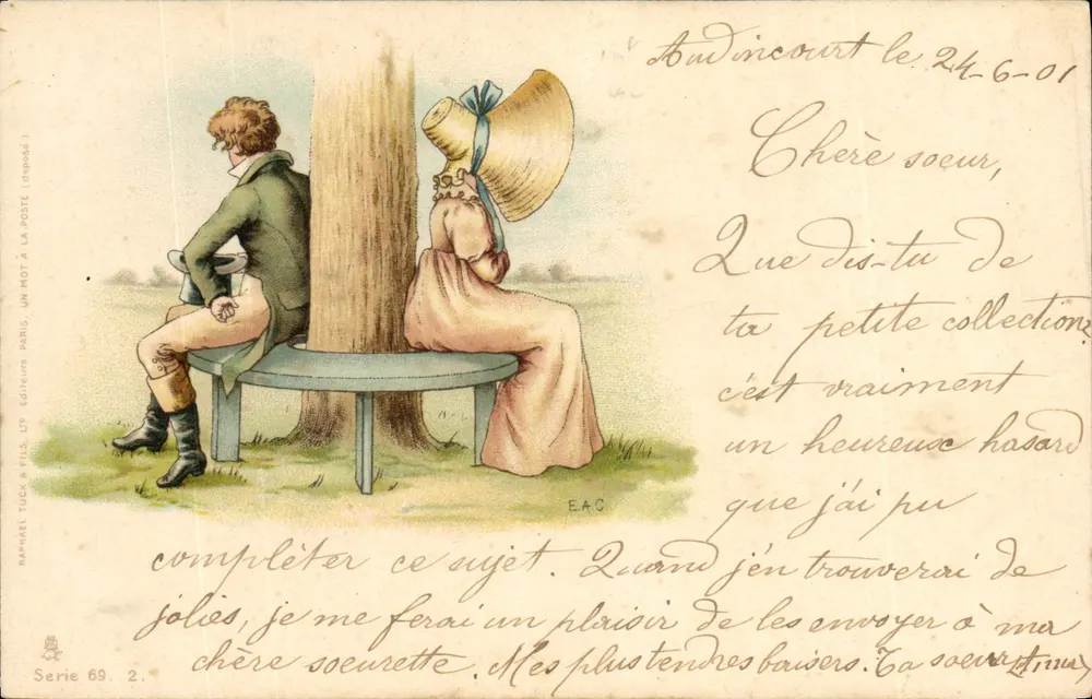 Zwei Personen, die Rücken an Rücken auf einer Bank sitzen — Verlag Raphael Tuck & Fils, Serie 69, 2 - Vorderseite