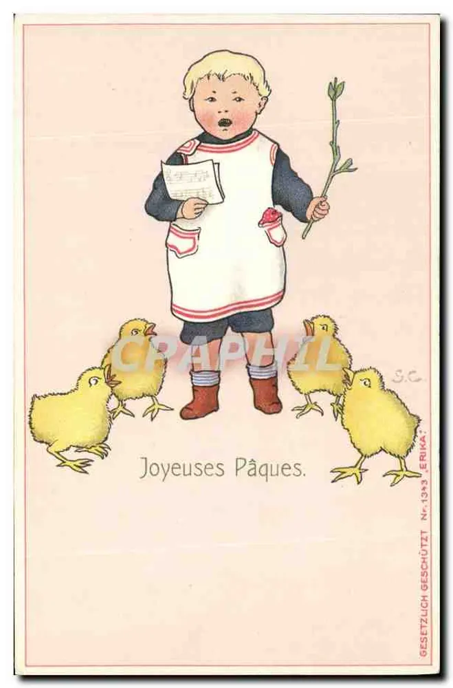 Singendes Kind mit Küken — Frohe Ostern — Erika, Nr. 1343 - Vorderseite