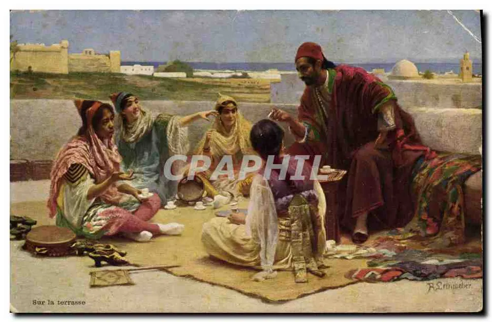 Sur la terrasse — scène de vie orientale — éditeur R. Ernjuder, n° de série 0.1 - Awers