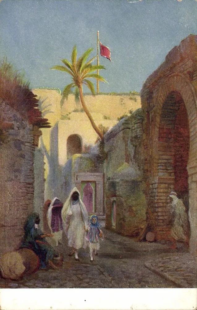 Straßenszene in Tunis — tunesische Flagge — Verlag R. 641 D. - Vorderseite