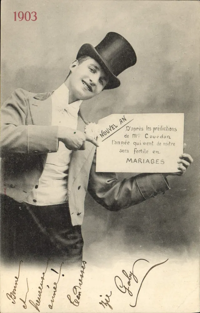Neujahr — Mann in Zylinder mit Schild — Verlag Gaby, Nr. 1903 - Vorderseite