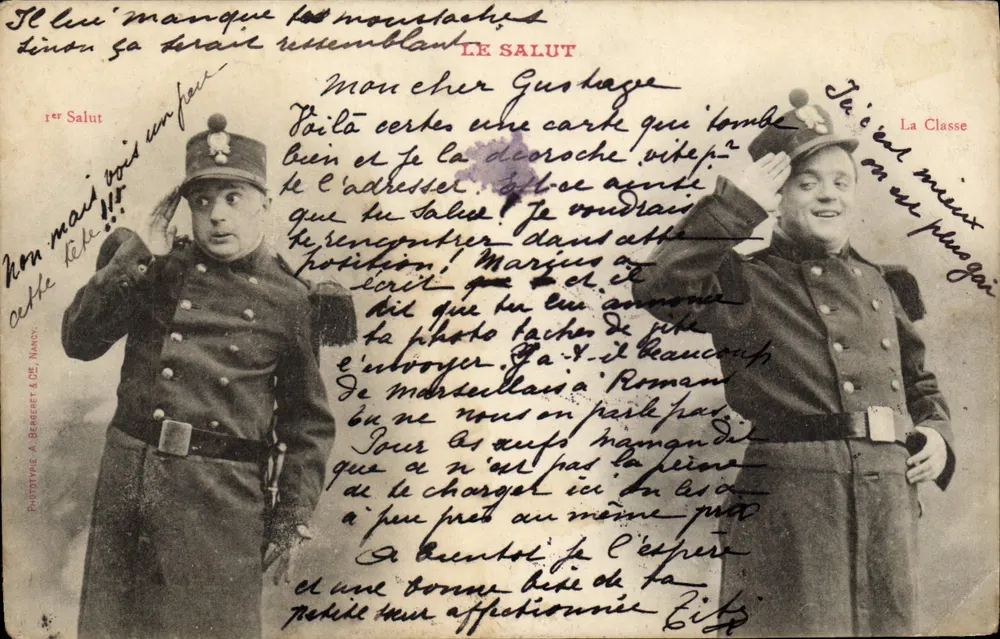 Deux soldats en uniforme — scène de salut — Phototype A. Bereset & Cie, Nancy - Vorderseite