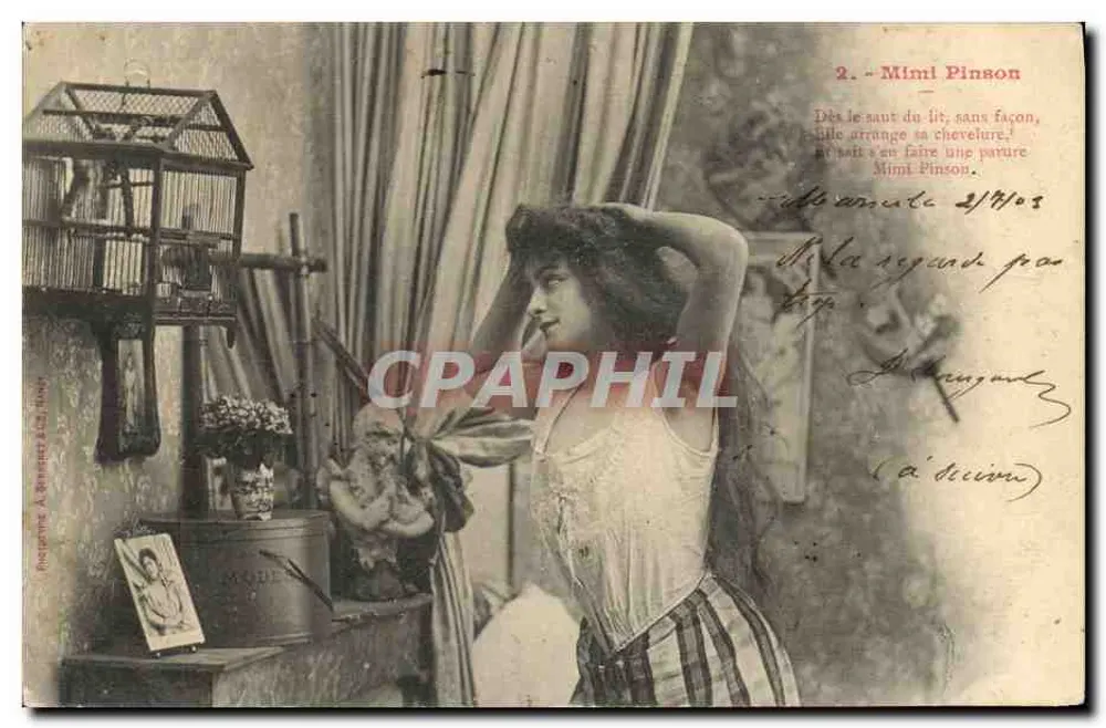 Mimi Pinson — Motiv: Frau, die sich das Haar kämmt, mit Vogelkäfig — Fotograf A. Bérenger (Paris) n°2 - Vorderseite