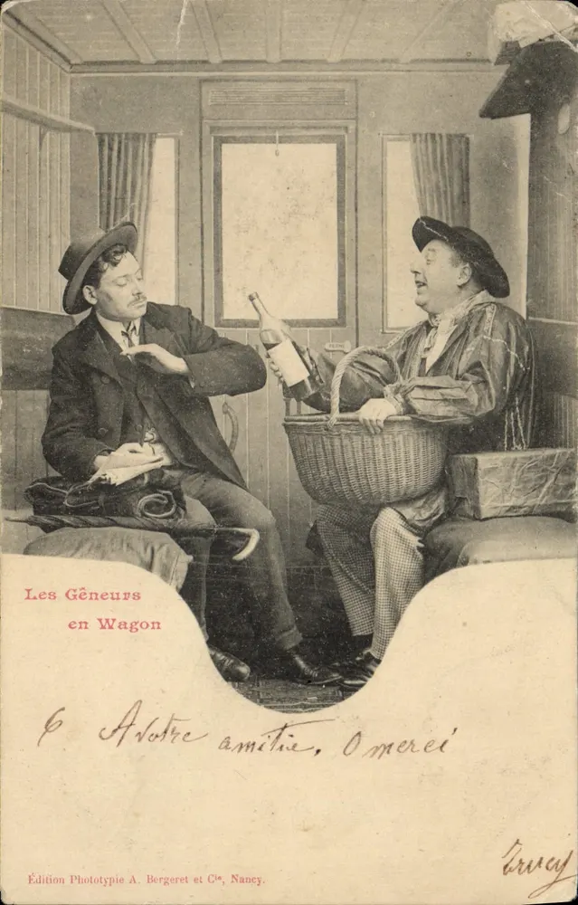 Les Géneurs en Wagon — Freundschaftsszene im Zug — Édition Phototypie A. Bergeret et Cie, Nancy - Vorderseite