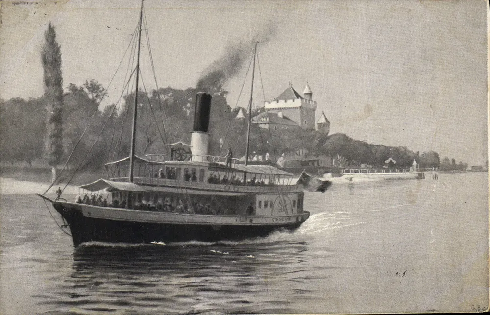 Navio a vapor em Genebra — vista do castelo — editor C.B. (n° 6) - Frente