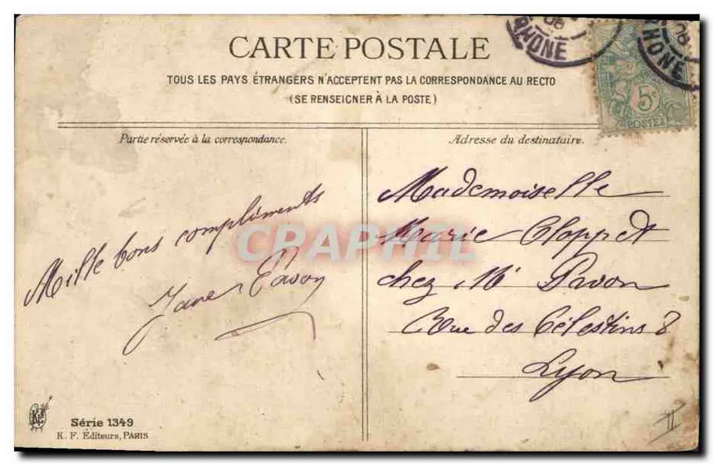 Chien dans un panier fleuri — scène de jardin avec deux pugs — K. F. Éditeurs, Paris, Série 1349 - Verso