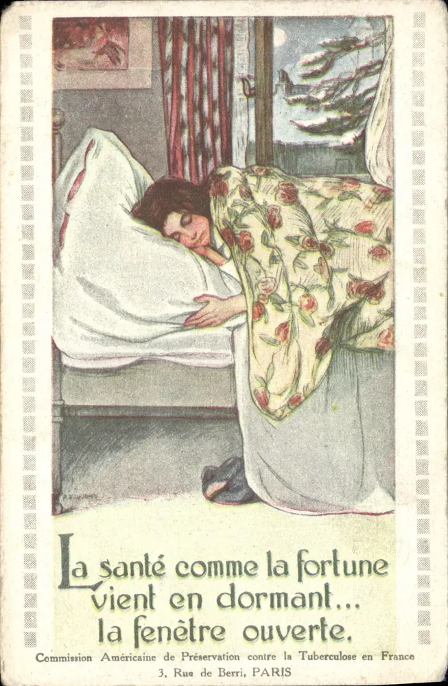 Mulher dormindo — A saúde como a fortuna — Comissão Americana de Prevenção contra a Tuberculose na França, 3 Rue de Berri, PARIS - Frente