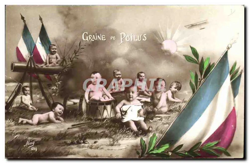 Samen der Poilus — Serie von Babys um ein Kanonen und tricolore Fahnen — Mug, n° 639 - Vorderseite