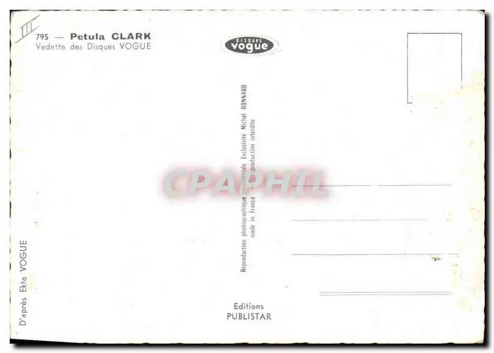 Petula Clark — ngôi sao của Disques Vogue — xuất bản bởi Publistar - Mặt sau