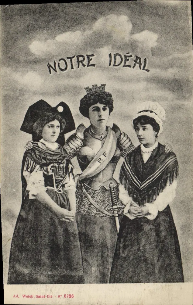 Três mulheres em trajes simbólicos — Nosso Ideal — Ad. Welek, Saint-Dié, n° 6726 - Frente