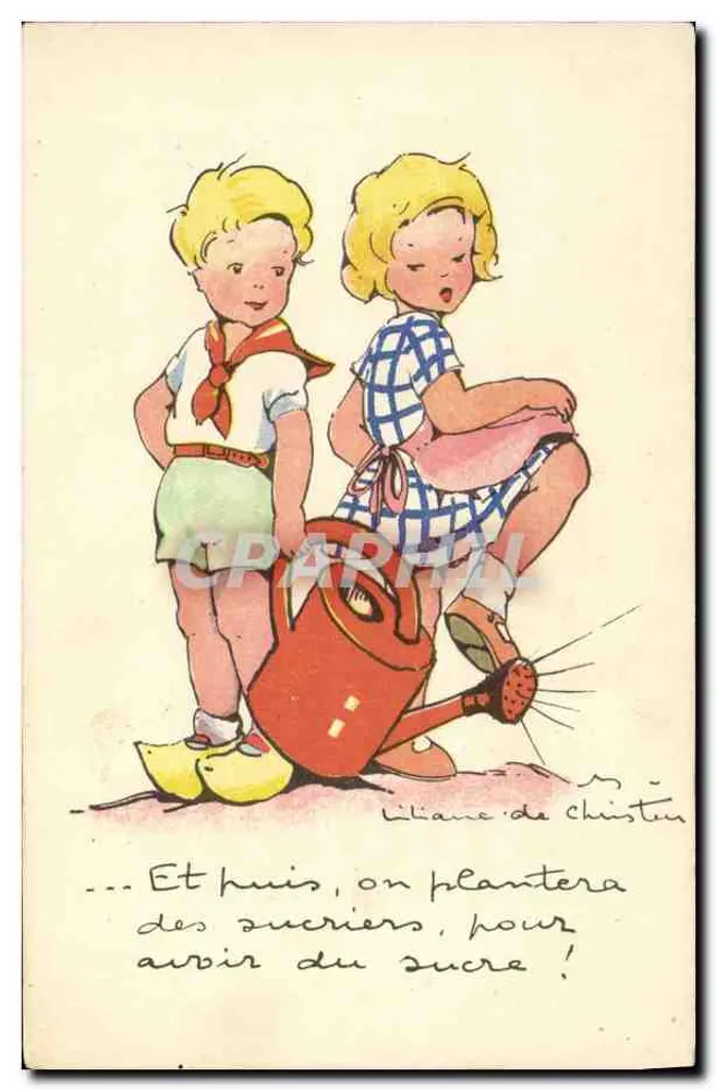 Zwei Kinder mit Gießkanne — Illustration von Liliane de Christen — Édition Bellecour, Lyon - Vorderseite