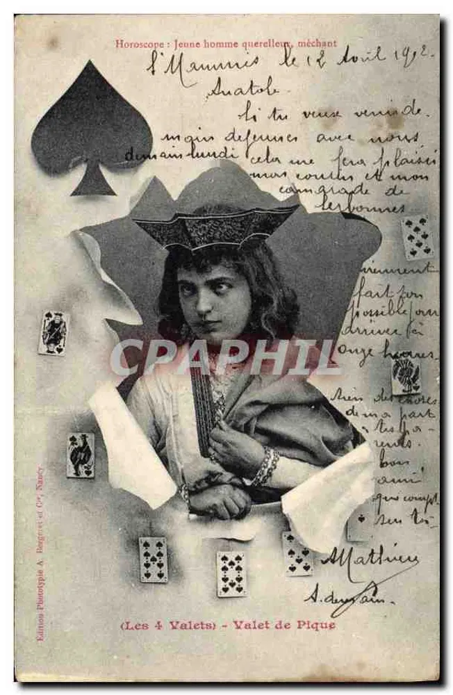 Horoskop : Streitlustiger, böser junger Mann — (Die 4 Buben) - Bube von Pik — Editions Phototypie A. Dagravit et Cie, Nancy - Vorderseite