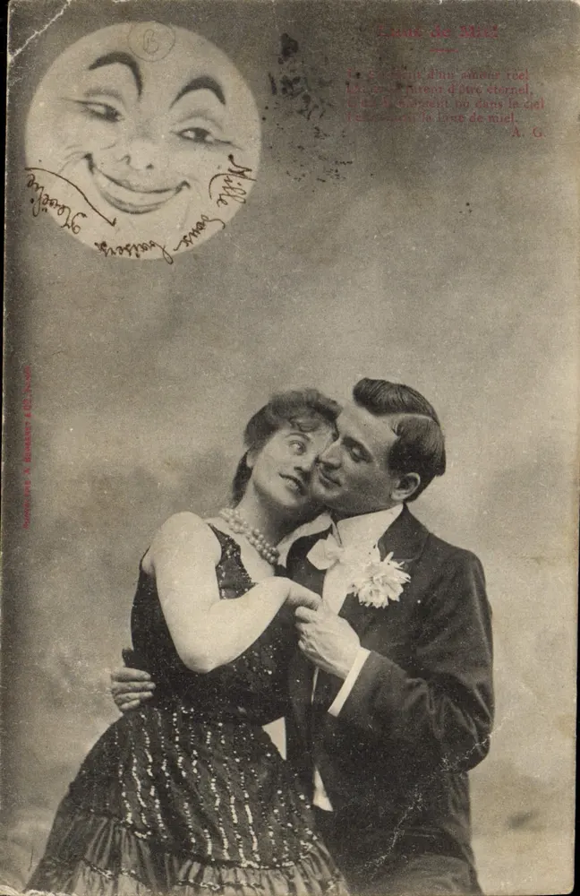 Liebespaar — TheaterSzene unter einer lächelnden Mond — Verlag A. Bautier 142, n°62 - Vorderseite