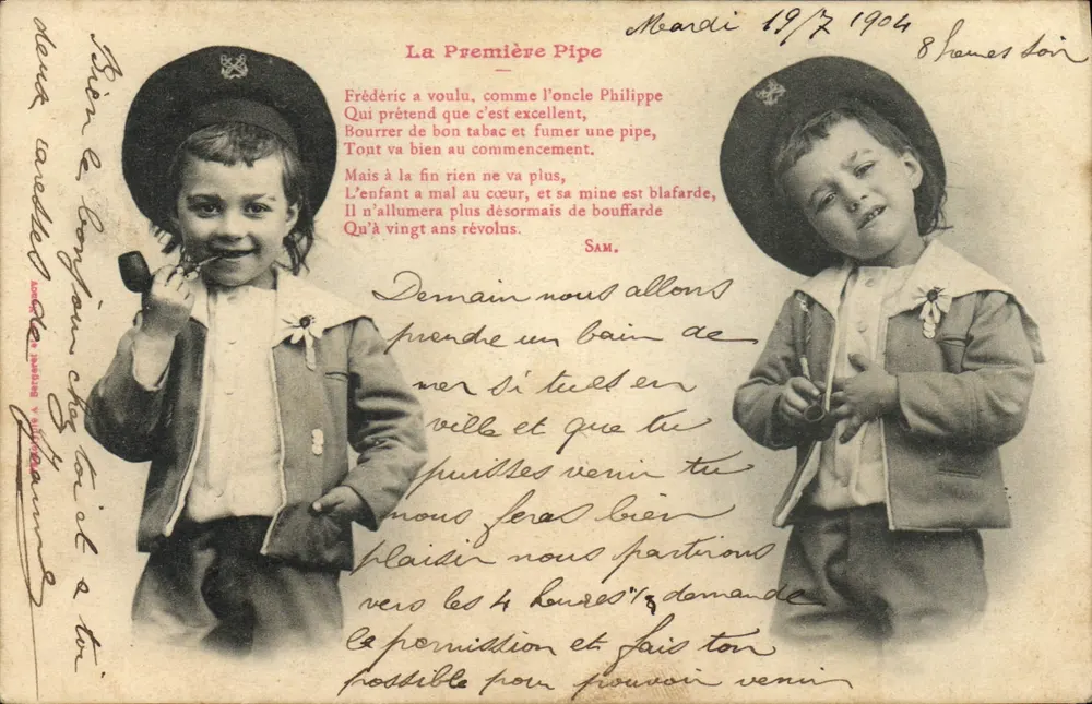 Zwei Kinder mit Hüten — Die erste Pfeife — Verleger: J. Bérenger, n° 17 - Vorderseite