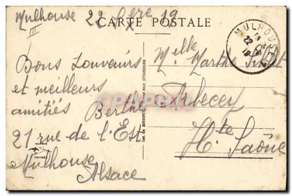 Costumes d'Alsace et de Lorraine — cinq personnes en tenues traditionnelles — éditeur IMPRIMÉ SUR LA CARTE : 'F. CH. BERGERET, STRASBOURG' et n° de série 'III' - Rewers