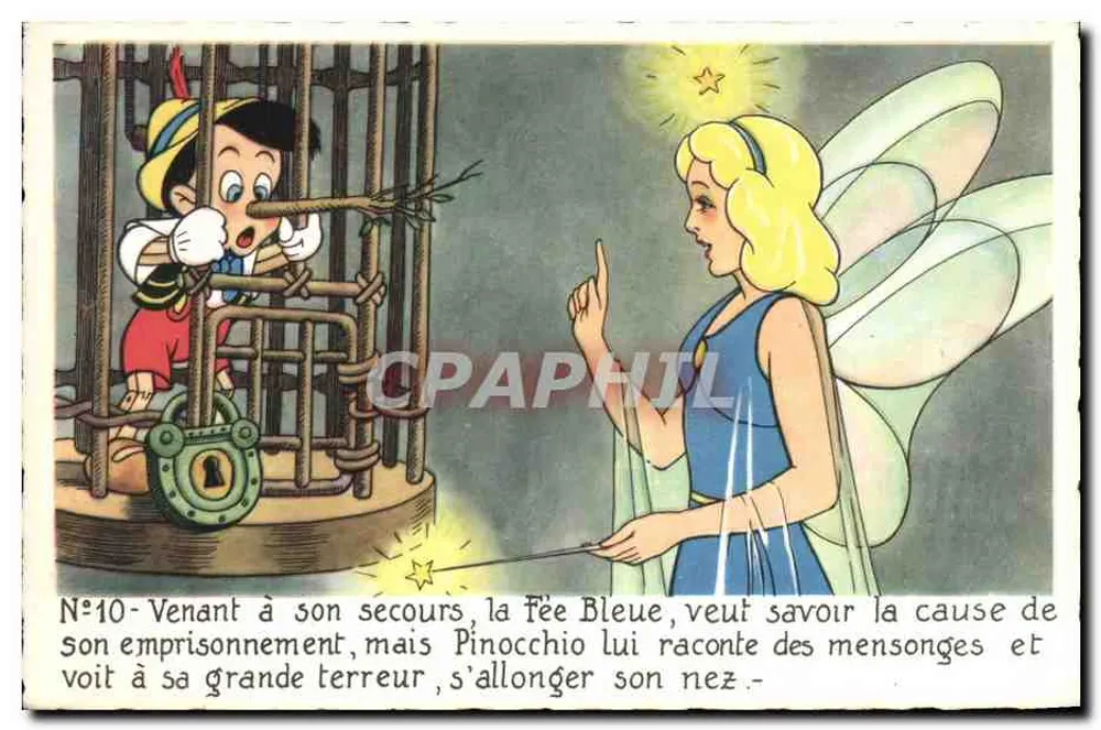 Pinocchio in der Kiste — die Blaue Fee fragt ihn nach dem Grund seiner Gefangenschaft — Éditions Superluxe, n°10 - Vorderseite