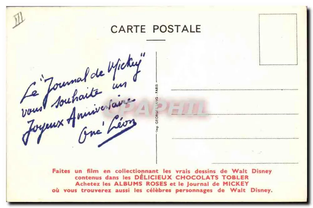 Michel — Zeichnung von Walt Disney — Tobler - Rückseite