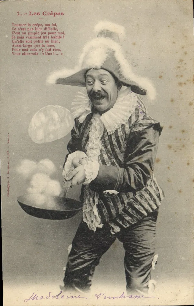 Komiker, der Pfannkuchen backt — Theater-Szene — Phototype A. Jacquinet et Cie, Nancy, n°1 - Vorderseite