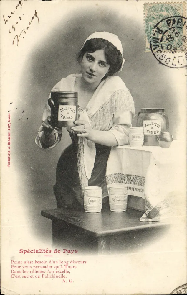 Frau, die Rillettes aus Tours präsentiert — Werbung für die lokale Spezialität — Verlag Phototype A. Berement & Cie, Nancy - Vorderseite