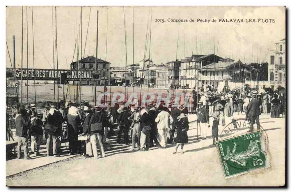 Concours de Pêche de Palavas-les-Flots — scène portuaire avec foule et bateaux — éditeur non visible, n° de série non lisible - Frente