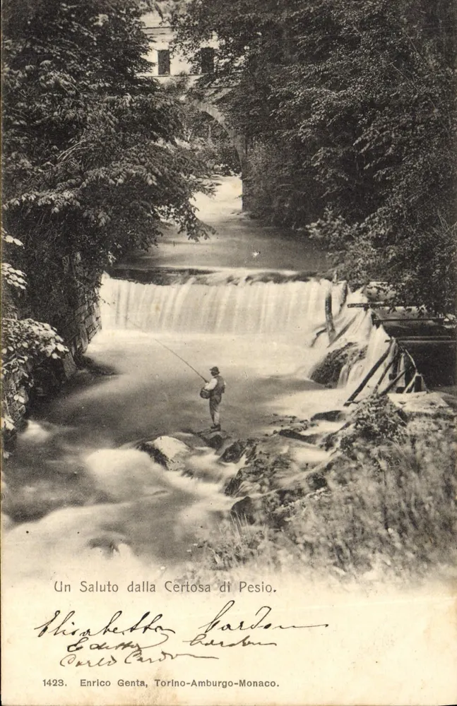 Cértosa di Pesio — Wasserfall und Fischer — Enrico Genta, Torino-Amburgo-Monaco, n°1423 - Vorderseite