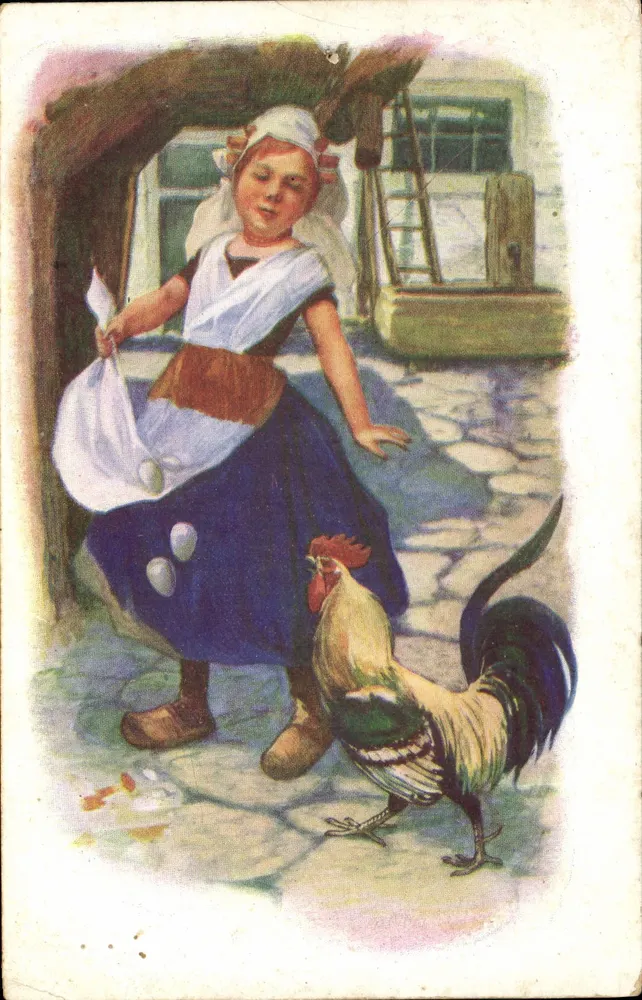 Femme campagnarde avec un coq — scène de cour intérieure — éditeur non visible - Awers
