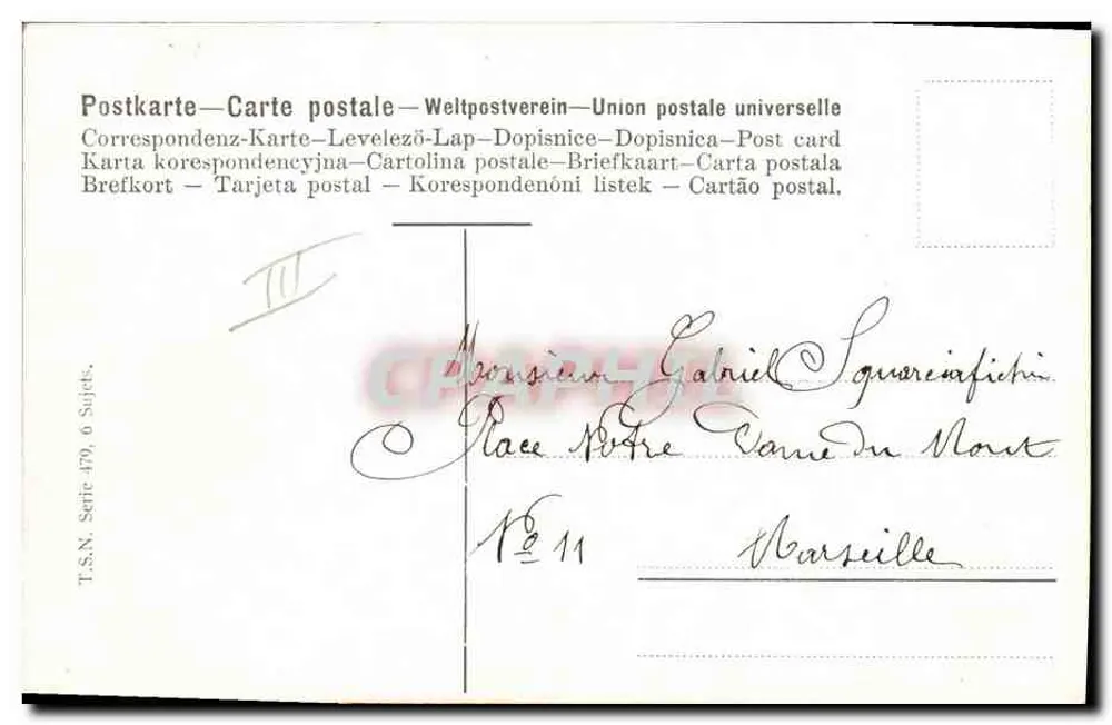 Galinhas e pavos em uma granja — T.S.N. Série 479, 6º Temas — editor T.S.N. - Verso
