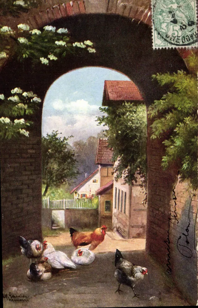 Paisagem rural com galinhas — vista através de um portão — gravura de M. Schminn — série N° 670, T.S.N. - Frente