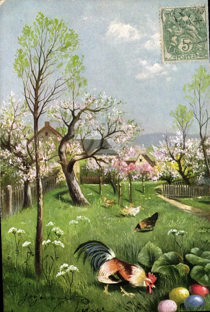 Paisagem de primavera com galinha e galos — editor T.S.N. n° 652, série 16 - Frente