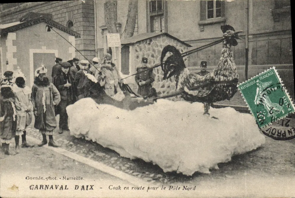 Karneval von Daix — Hahn auf dem Weg zum Nordpol — Guende, phot. Marseille - Vorderseite
