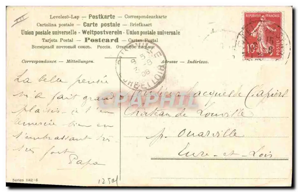 Paisagem rural com pavão e galinhas — editor Ald. Léonin, série 1142-6 - Verso
