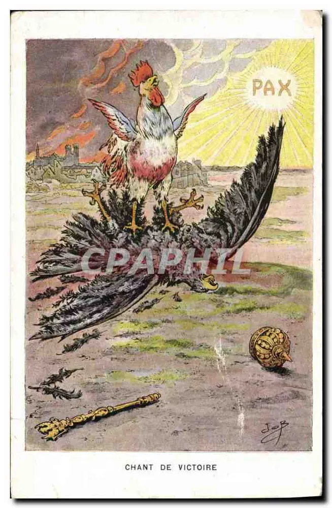 Coq de victoire — scène symbolique avec soleil rayonnant et texte 'PAX' — éditeur B. Sirven, Toulouse - Frente